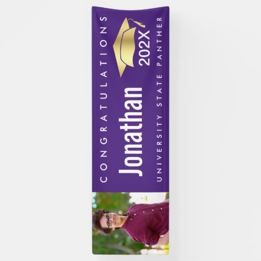 Afstuderen 1 fotogoud pet modern vet paars spandoek (Verticaal)