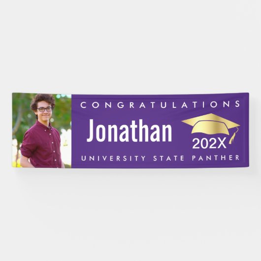 Afstuderen 1 fotogoud pet modern vet paars spandoek (Horizontaal)