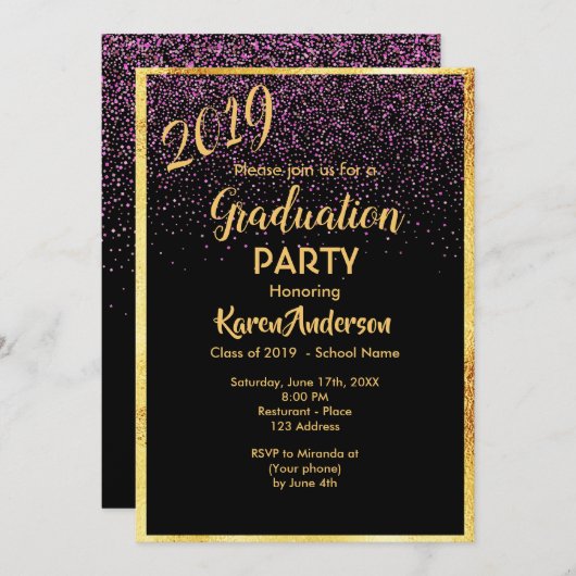 Afstuderen 2019 partij chic black confetti gold kaart (Voorkant / Achterkant)