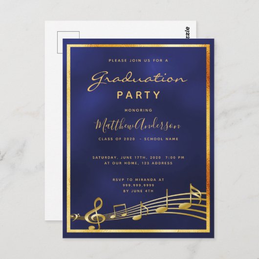 Afstuderen 2020 party blue Music Gold-uitnodiging Briefkaart (Voorkant / Achterkant)