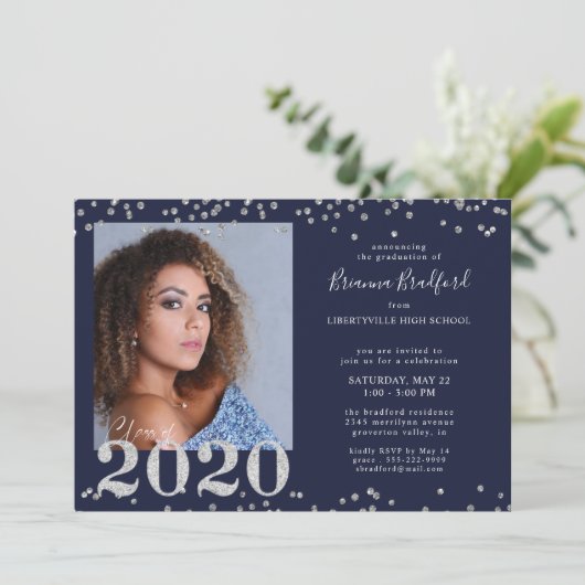 Afstuderen 2020 Silver Glitter Confetti Navy Blue Kaart (Staand voorkant)