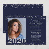 Afstuderen 2020 Silver Glitter Confetti Navy Blue Kaart (Voorkant / Achterkant)