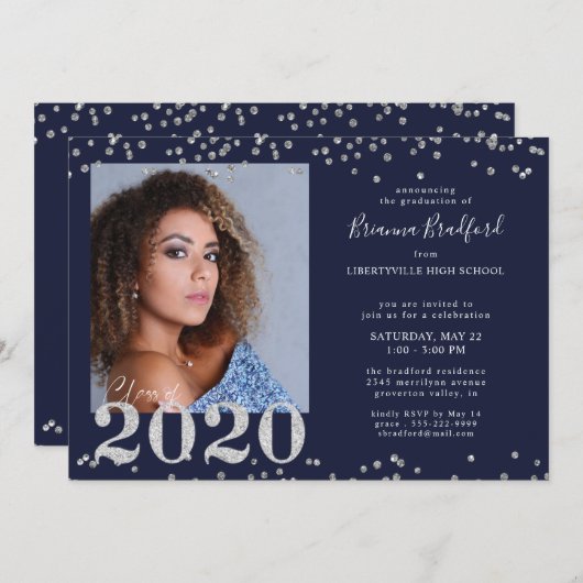 Afstuderen 2020 Silver Glitter Confetti Navy Blue Kaart (Voorkant / Achterkant)