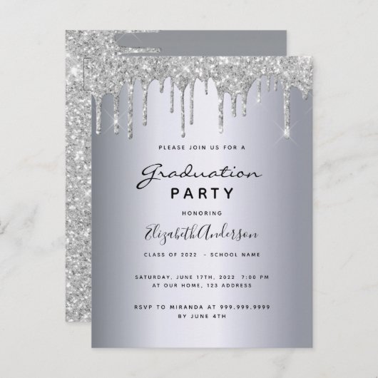 Afstuderen 2021 partij zilverglitter-uitnodiging briefkaart (Voorkant / Achterkant)