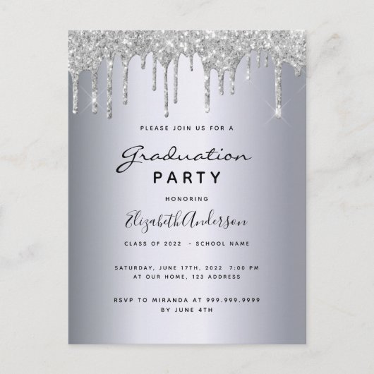 Afstuderen 2021 partij zilverglitter-uitnodiging briefkaart (Voorkant)