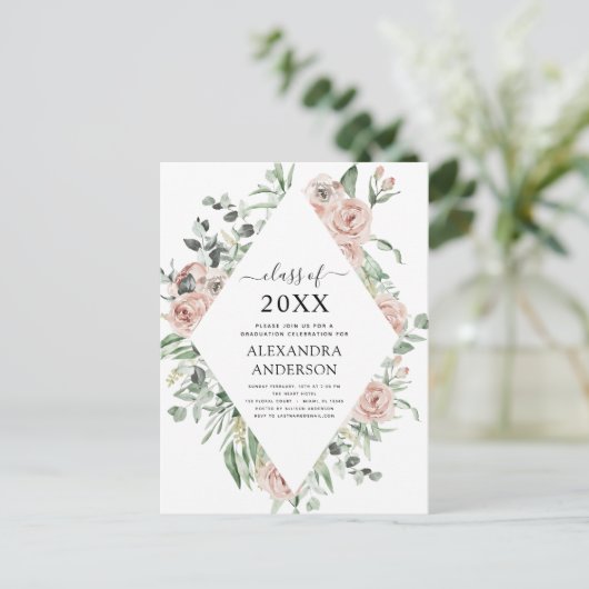 Afstuderen 2022 Dusty Pink Floral Greenery Invitat Briefkaart (Staand voorkant)