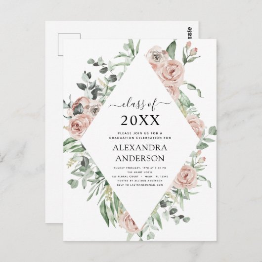 Afstuderen 2022 Dusty Pink Floral Greenery Invitat Briefkaart (Voorkant / Achterkant)