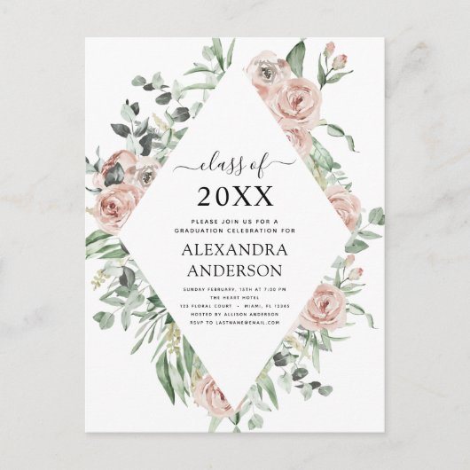 Afstuderen 2022 Dusty Pink Floral Greenery Invitat Briefkaart (Voorkant)