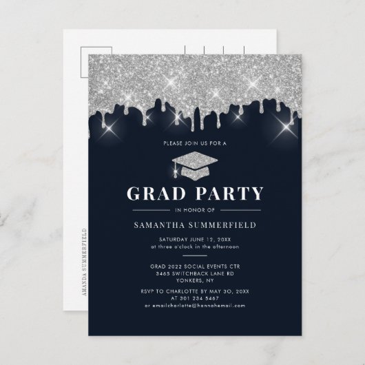Afstuderen 2022 Navy Silver Glitter Graduation Par Uitnodiging Briefkaart (Voorkant / Achterkant)