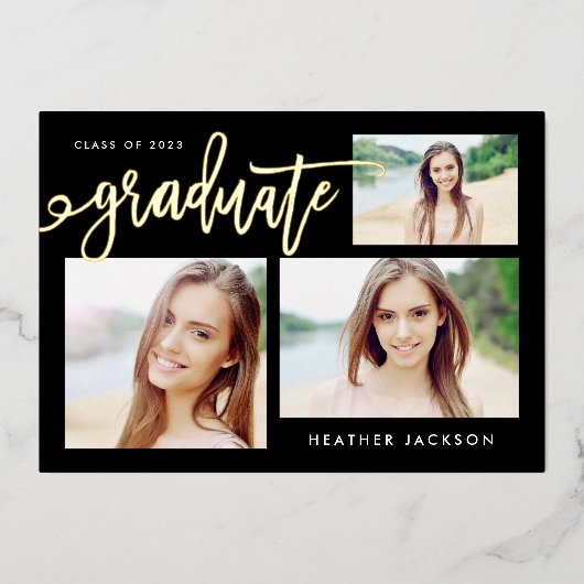 Afstuderen 2022 Trendy 3 Foto Collage Party Folie Uitnodiging (Voorkant)