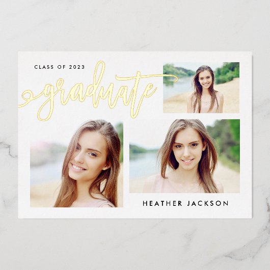 Afstuderen 2022 Trendy 3 Foto Collage Party Folie  Uitnodiging (Voorkant)