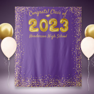 Afstuderen 2023 Gouden Ballon Paarse Foto Achtergr Wandkleed