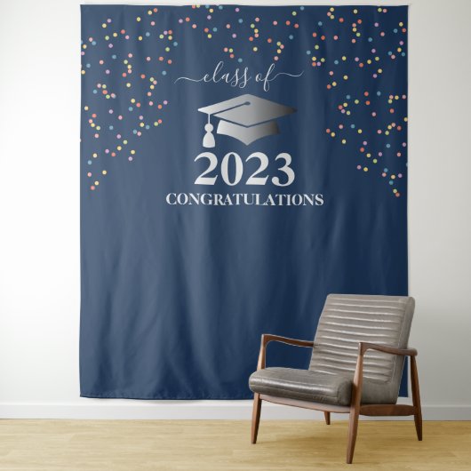 Afstuderen 2023 Koningsblauw Confetti Zilver Wandkleed (In situ)
