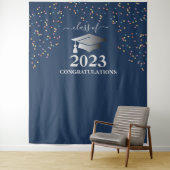 Afstuderen 2023 Royal Blue Confetti Silver Wandkleed (In situ)