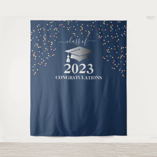 Afstuderen 2023 Royal Blue Confetti Silver Wandkleed (Voorkant)