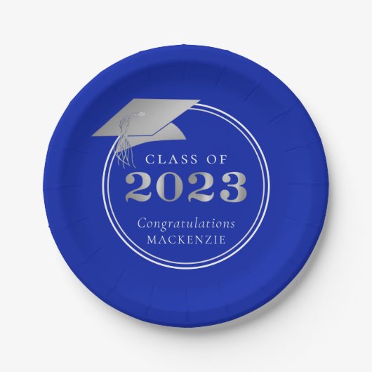 Afstuderen 2023 Royal Blue Faux Silver Papieren Bordje (Voorkant)