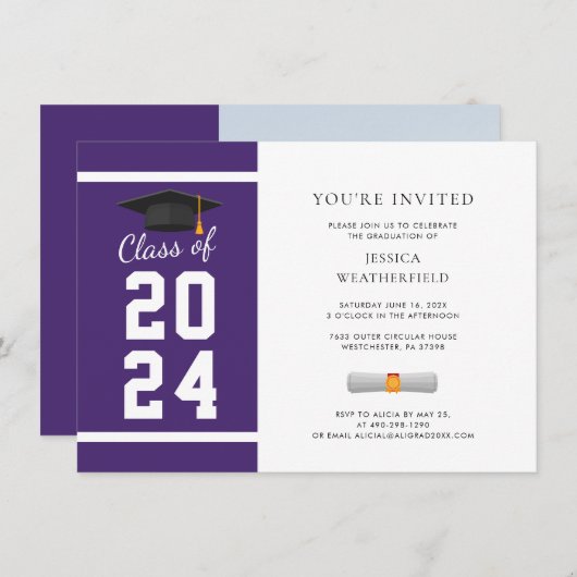 Afstuderen 2024 Afstuderen Foto Paarse Witte Parti Kaart (Voorkant / Achterkant)