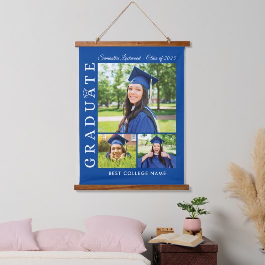 Afstuderen 2024 Fotocollage Blauw Afstudeerder Kee Hangend Wandkleed (Slaapkamer)