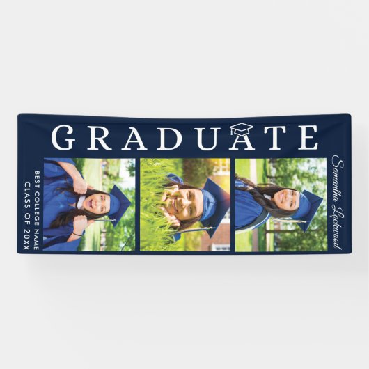 Afstuderen 2024 Fotocollage Navy Blue Afstuderen Spandoek (Horizontaal)