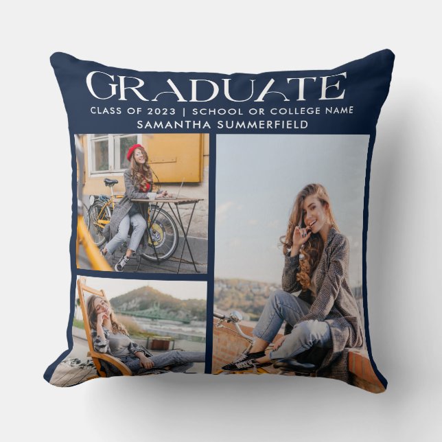 Afstuderen 2024 Fotocollage Navy Blue Keepsake Kussen (Voorkant)