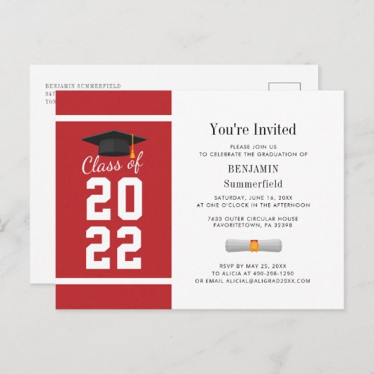 Afstuderen 2024 Minimalistisch Rood Wit Afstuderen Uitnodiging Briefkaart (Voorkant / Achterkant)