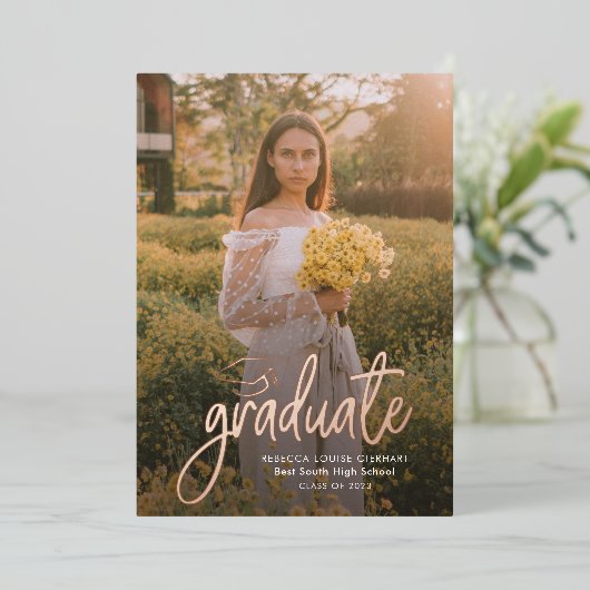 Afstuderen 2024 Modern Roos Gold Photo Afstuderen Folie Uitnodiging (Staand Voorkant)
