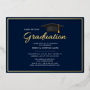 Afstuderen 2024 Navy Blue Afstudeerder Party Gold Folie Uitnodiging