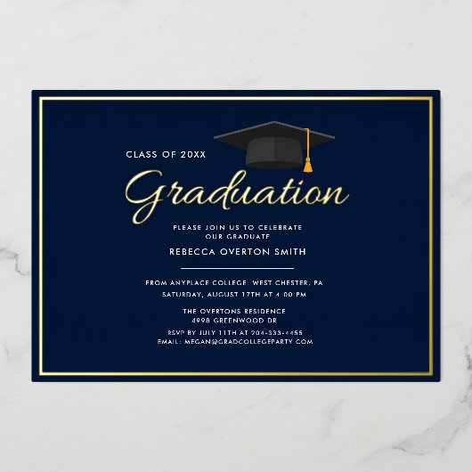 Afstuderen 2024 Navy Blue Afstudeerder Party Gold Folie Uitnodiging (Voorkant)