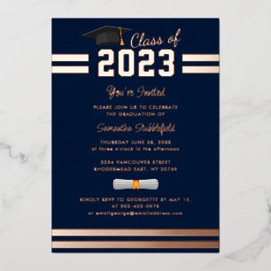 Afstuderen 2024 Navy Blue Party Roos Gold Folie Uitnodiging