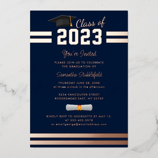 Afstuderen 2024 Navy Blue Party Roos Gold Folie Uitnodiging (Voorkant)