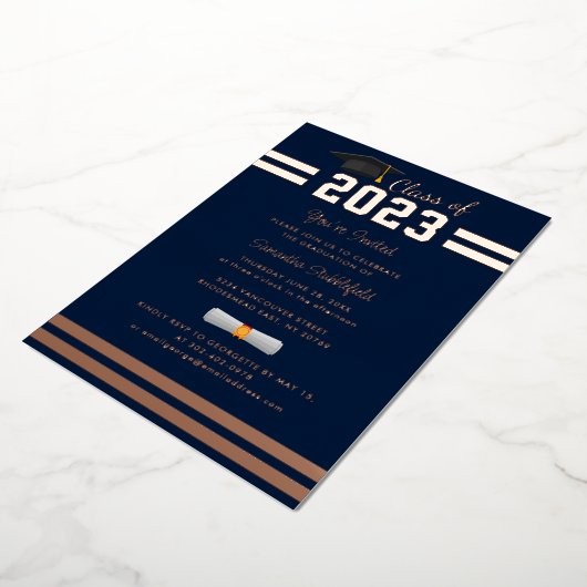 Afstuderen 2024 Navy Blue Party Roos Gold Folie Uitnodiging (Gedraaid)