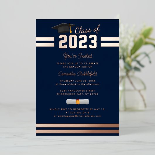 Afstuderen 2024 Navy Blue Party Roos Gold Folie Uitnodiging (Staand Voorkant)