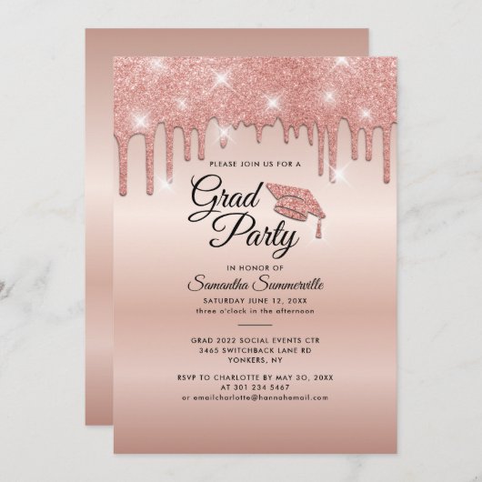 Afstuderen 2024 Roos Gold Drip Afstudeerder Party Kaart (Voorkant / Achterkant)