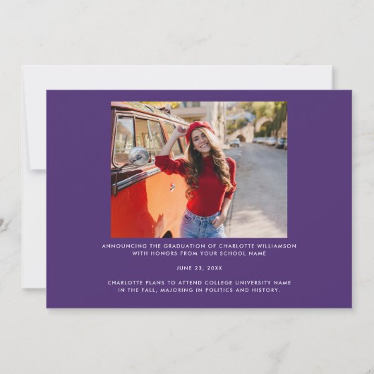 Afstuderen 2025 Afstudeerder Foto Paarse en Wit Aankondiging (Achterkant)