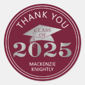 Afstuderen 2025 Bedankt Maroon Faux Zilverfolie Ronde Sticker (Voorkant)