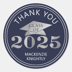 Afstuderen 2025 Bedankt Navy Faux Silver Foil Ronde Sticker