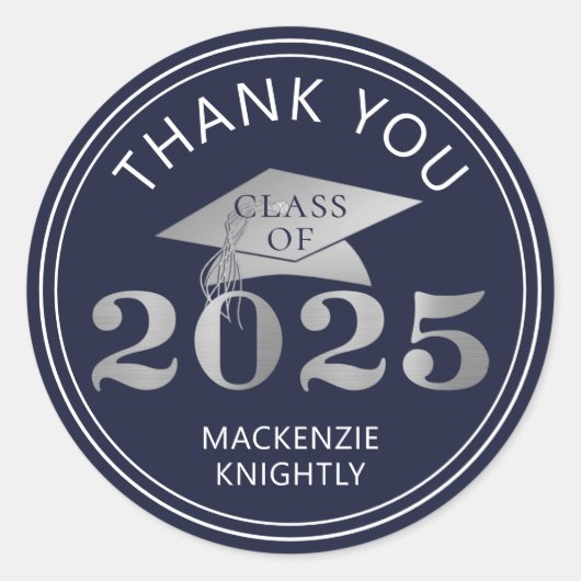 Afstuderen 2025 Bedankt Navy Faux Silver Foil Ronde Sticker (Voorkant)