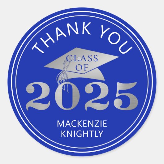 Afstuderen 2025 Bedankt Royal Faux Silver Foil Ronde Sticker (Voorkant)