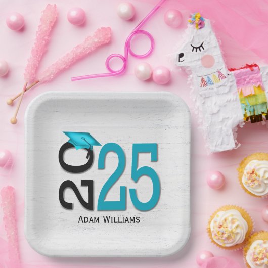 Afstuderen 2025 Blauwgroen en zwart op hout Papieren Bordje (Feest)