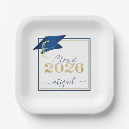 Afstuderen 2025 Faux Metallic Blue Gold Script Papieren Bordje (Voorkant)