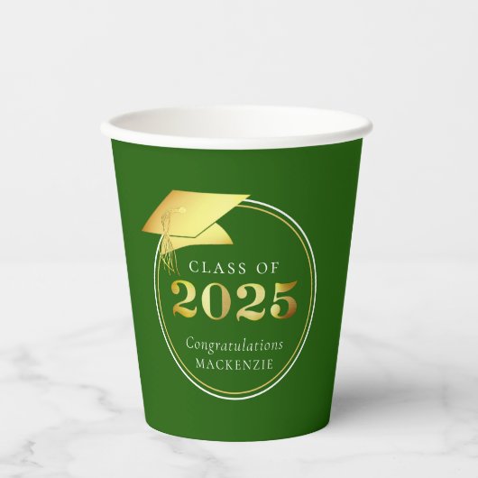 Afstuderen 2025 Faux Metallic Gold Green Papieren Bekers (Voorkant)