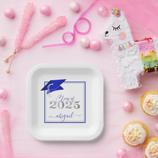 Afstuderen 2025 Faux Metallic Royal Blue Silver Papieren Bordje (Feest)