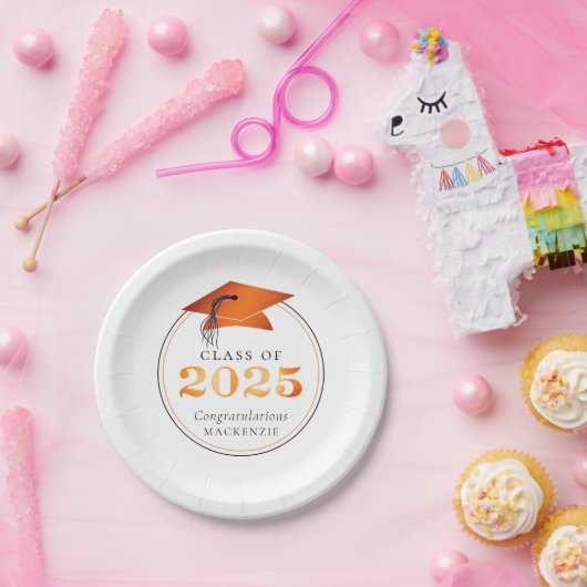 Afstuderen 2025 Faux Metallic Sinaasappel Zwart Papieren Bordje (Feest)