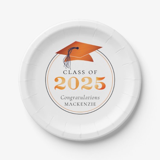 Afstuderen 2025 Faux Metallic Sinaasappel Zwart Papieren Bordje (Voorkant)