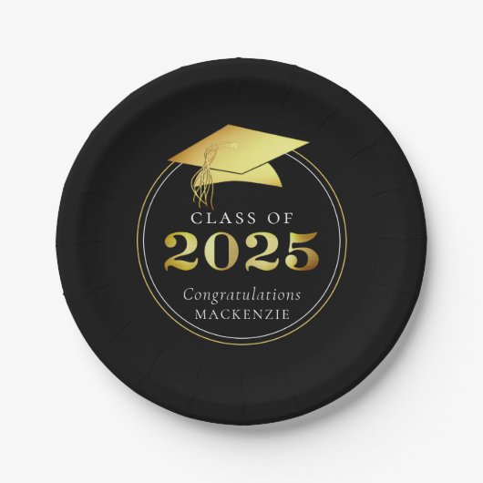 Afstuderen 2025 Faux Metallic Zwart Goud Papieren Bordje (Voorkant)