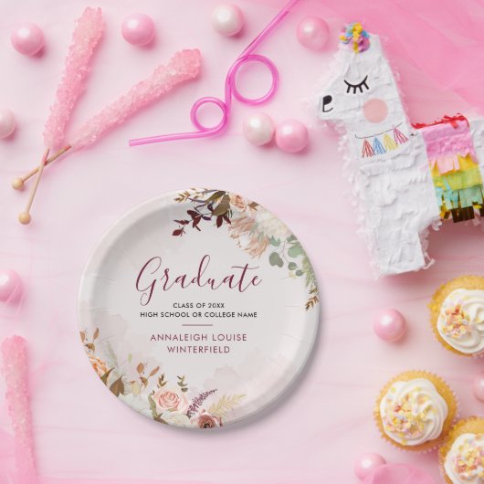 Afstuderen 2025 Floral Afstudeerder Party Papieren Bordje (Feest)