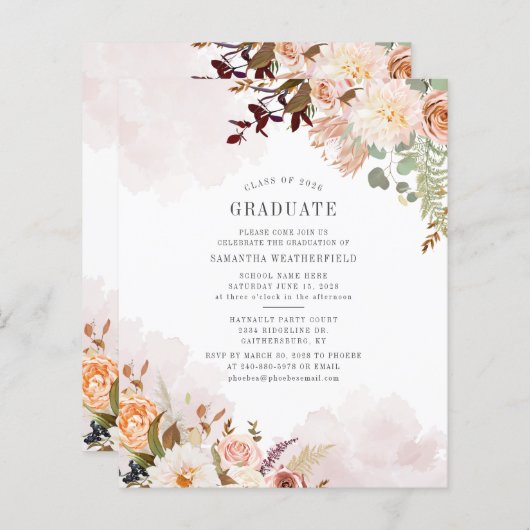 Afstuderen 2025 Floral Afstudeerder Party Uitnodig (Voorkant / Achterkant)