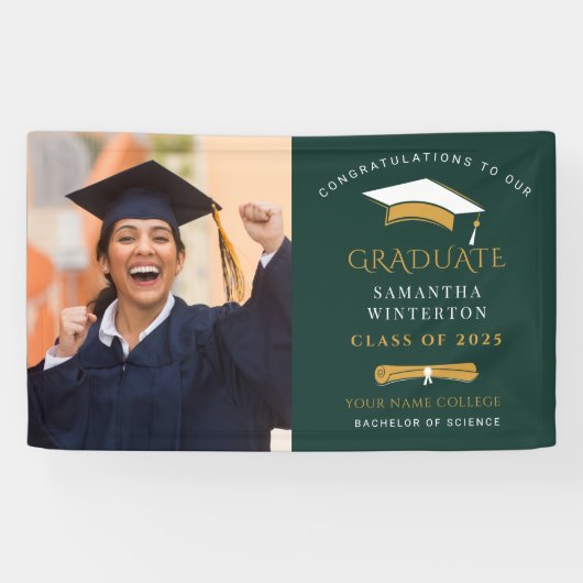 Afstuderen 2025 Foto Gold Green Afstuderen Party Spandoek (Horizontaal)