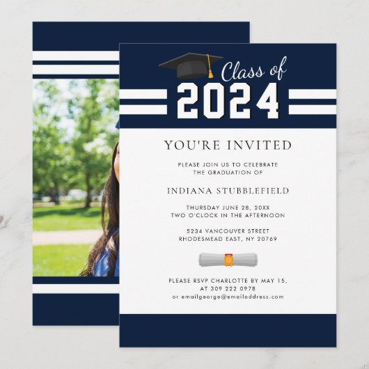 Afstuderen 2025 Foto Navy Blue Afstuderen Party Kaart (Voorkant / Achterkant)