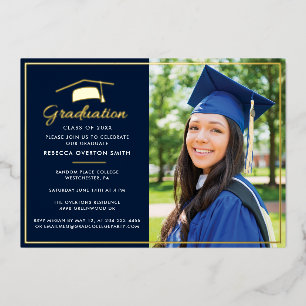 Afstuderen 2025 Foto Navy Blue Script Party Gold Folie Uitnodiging